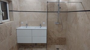 A bathroom with two sinks, a shower, and a window. - House in the heart of Provence (Flayosc)