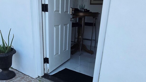 A tiled entrance with a door, a potted plant, and a table with items on it. - Charming studio with AC and WiFi in brilliant Tampa (Tampa)