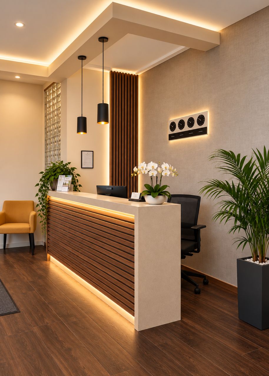 Un mostrador de recepción con detalles de madera, sillas negras y una planta en maceta.