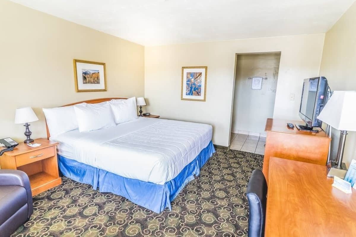 A hotel room with a large bed, a desk with a computer, a chair, a TV, and two framed pictures on the walls.
