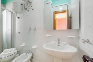 A modern bathroom with a shower, toilet, bidet, sink, and a mirror.
