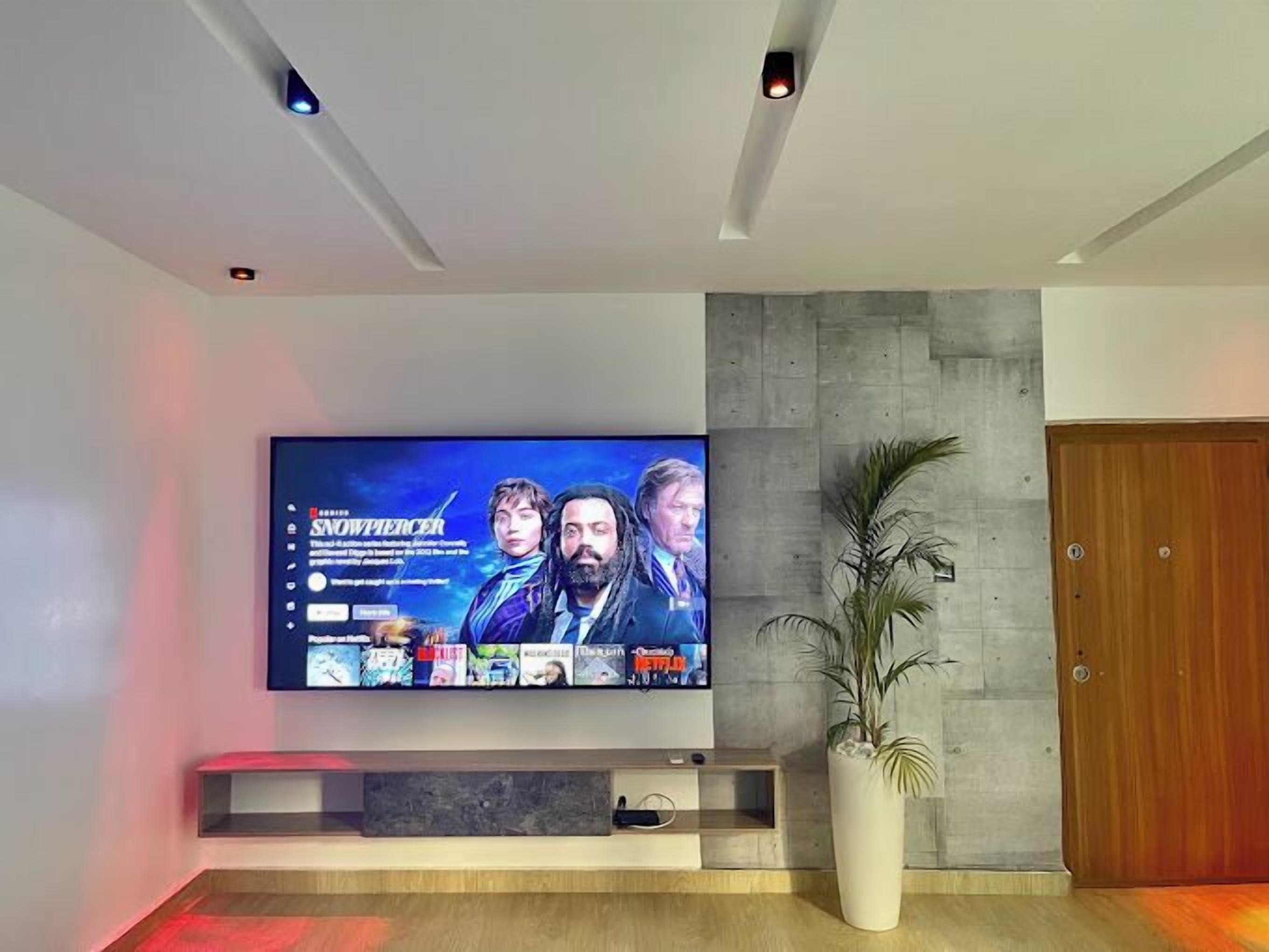 A modern living room with a large flat-screen TV mounted on the wall, a wooden door, and a potted plant.