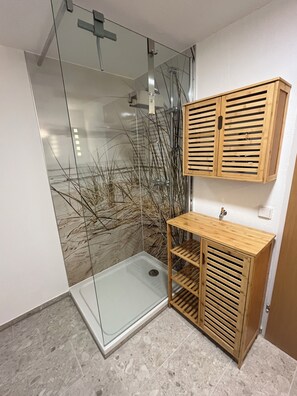 Shower, hair dryer, towels, soap