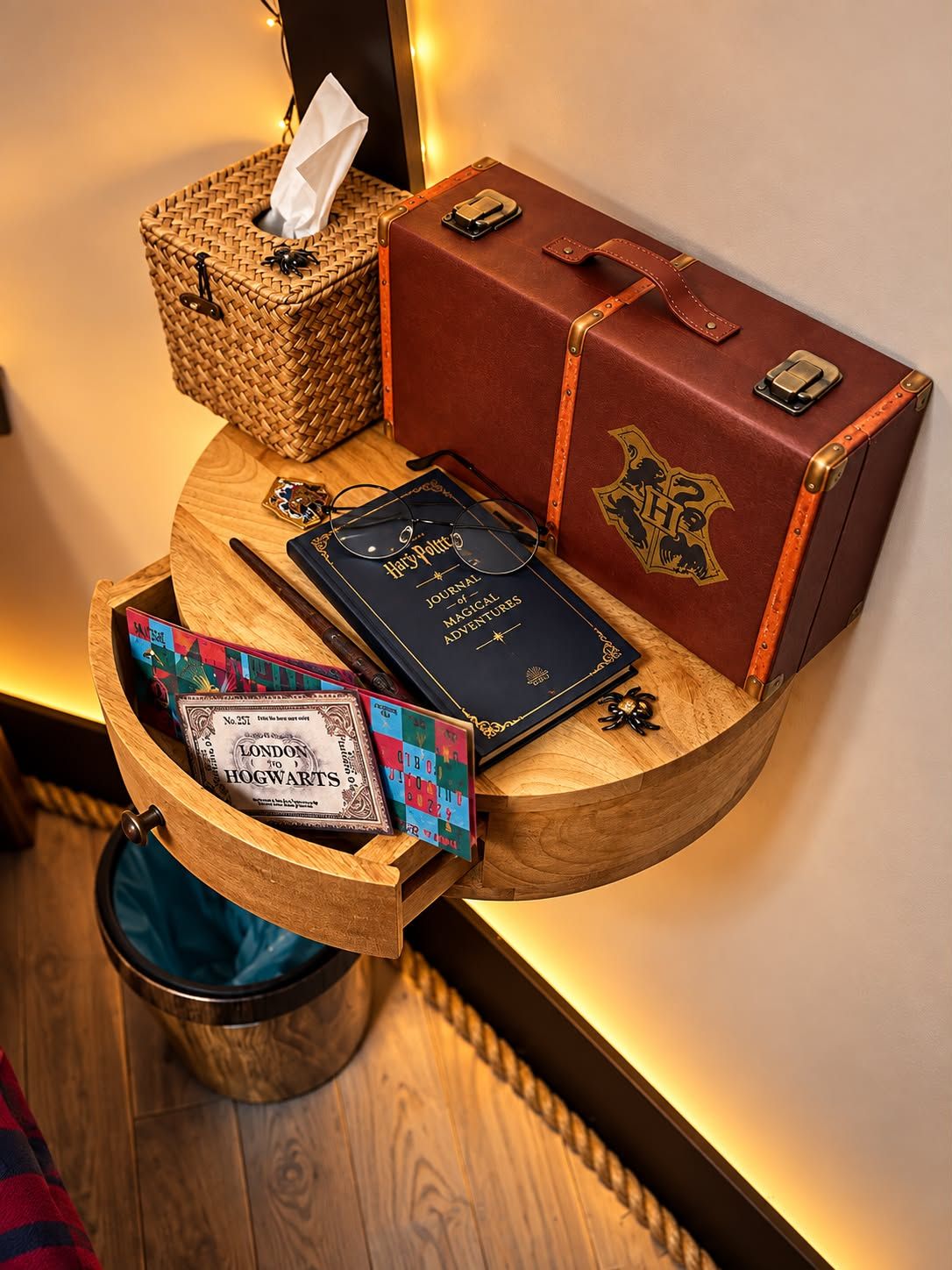 Un taulell de fusta amb un llibre, una caixa de mocadors, una petita cistella i una maleta.