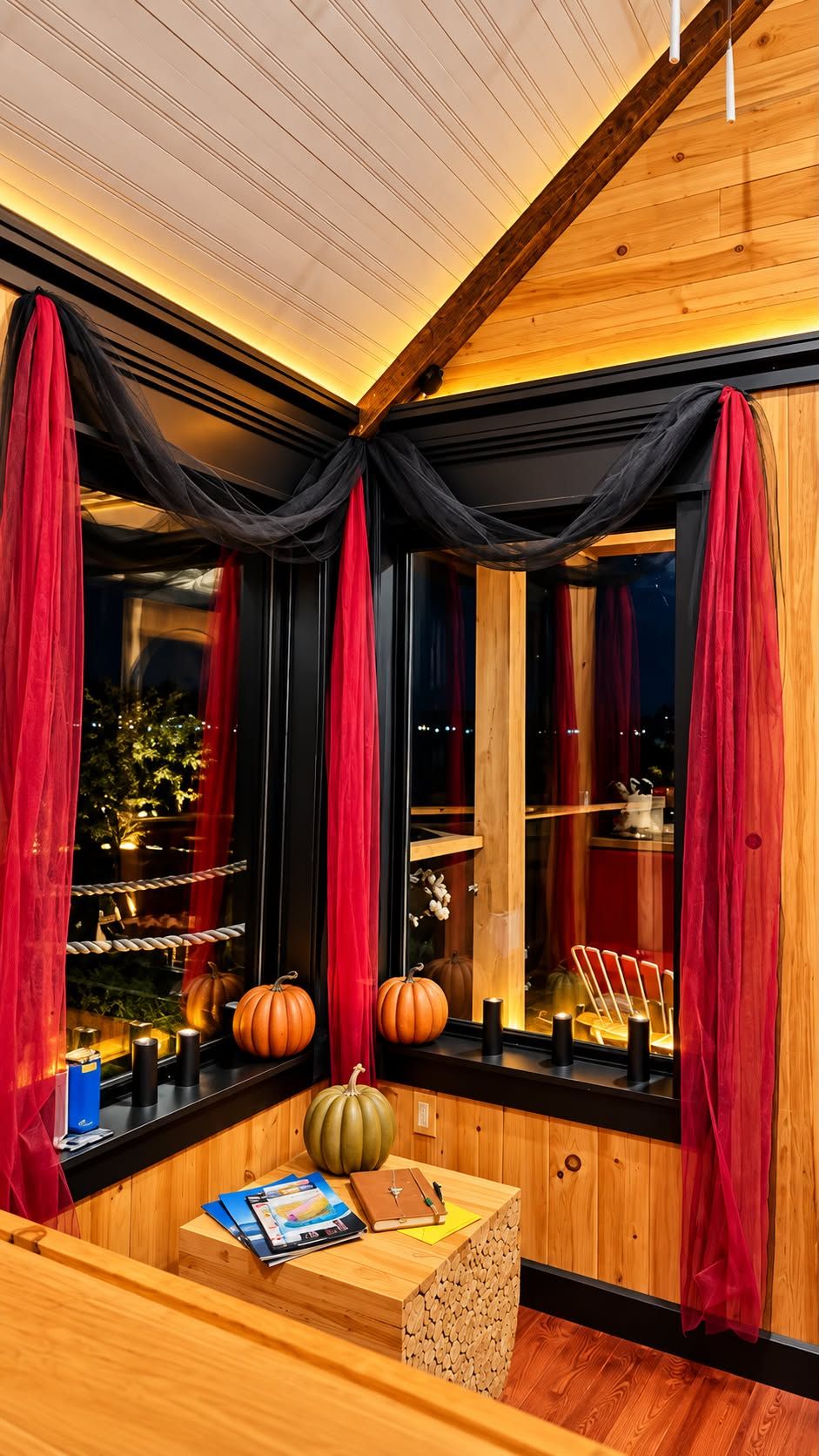 A cozy interior with a wooden bench, a small table with magazines, and a window with red curtains.