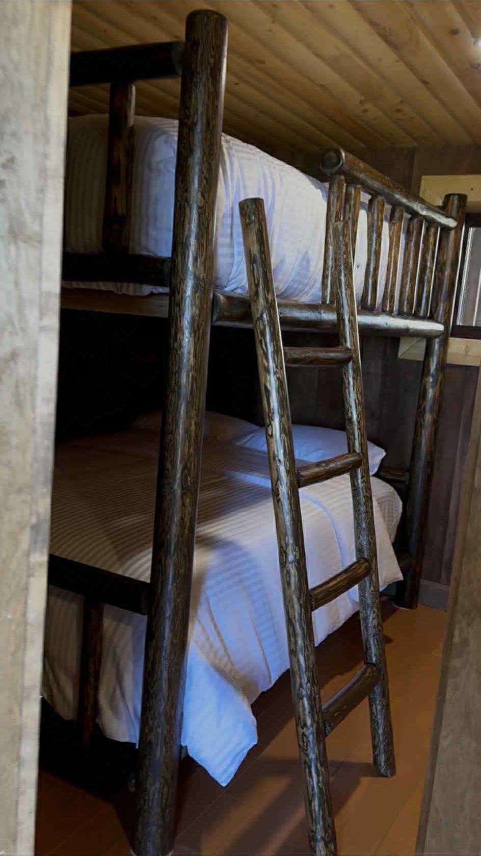 Una cama litera con escalera de madera, paredes de madera y un diseño rústico y sencillo.