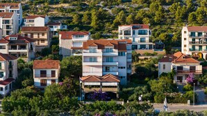 Zona residencial con edificios de varios pisos, balcones y abundante vegetación.