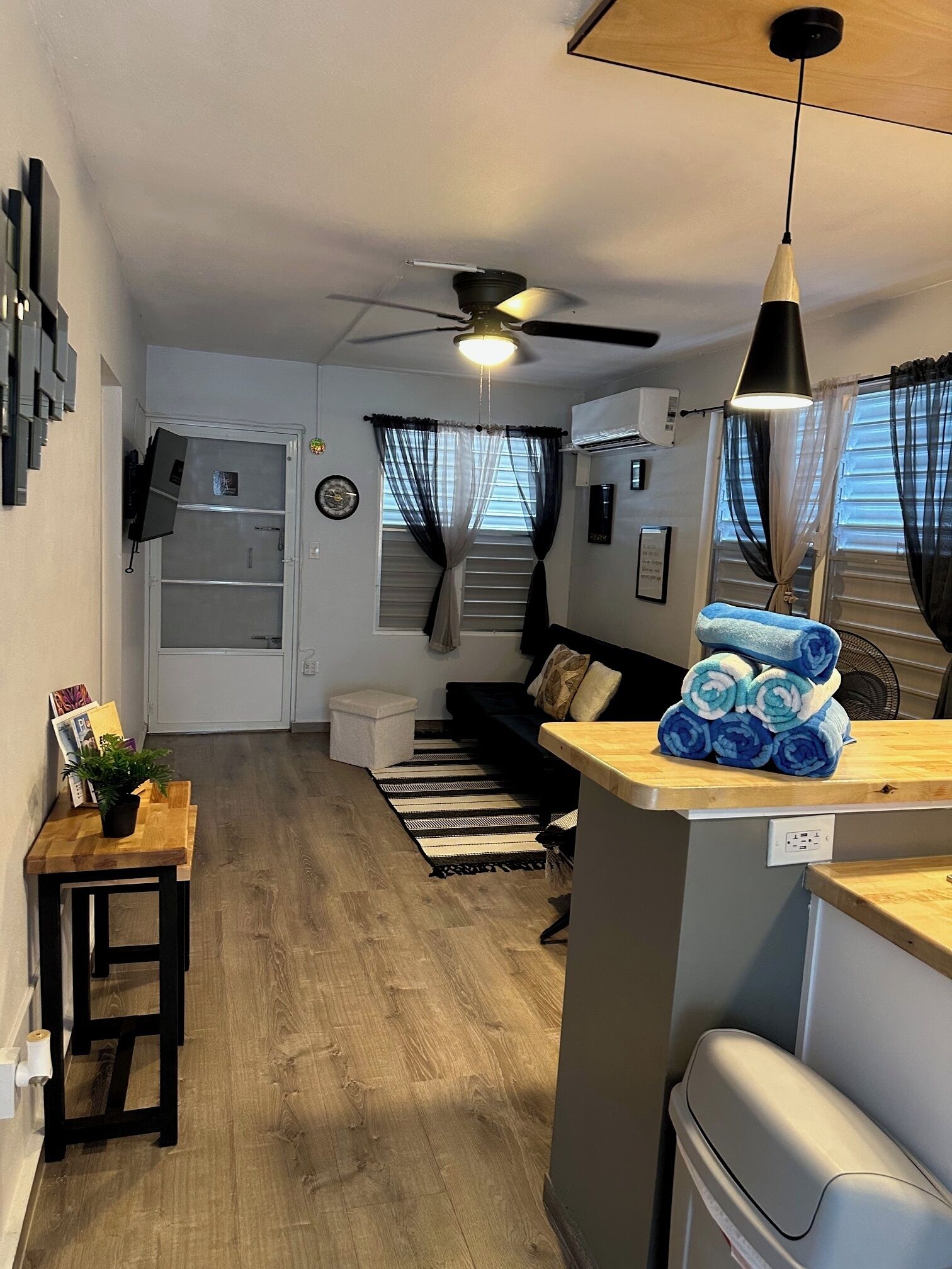 Un espacio habitable compacto con kitchenette, ventilador de techo, sofá y una pequeña mesa con una planta.