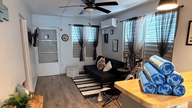Un espacio habitable compacto con kitchenette, ventilador de techo, sofá, una pequeña mesa con una planta y una toalla enrollada sobre una encimera.