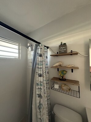 Douche, sèche-cheveux, serviettes fournies, savon