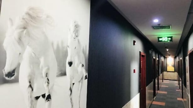 A hallway with a large wall mural of horses, doors, and a green exit sign. - Junyi Hotel (Shanghai Chongming District Xue Gong Road ) (Shanghai)