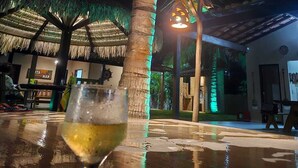 A glass of white wine on a wet surface, a palm tree, and a thatched-roof structure. - Cottage 150 meters from the sea, located on Coqueiro beach in Luis Correia. (Coqueiro Luís Correia)