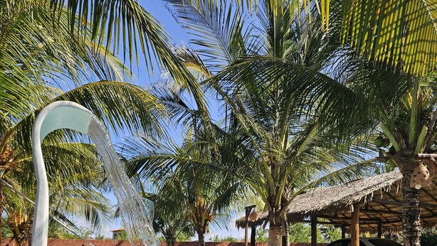 A swimming pool with a water slide, surrounded by palm trees and a thatched-roof structure. - Cottage 150 meters from the sea, located on Coqueiro beach in Luis Correia. (Coqueiro Luís Correia)