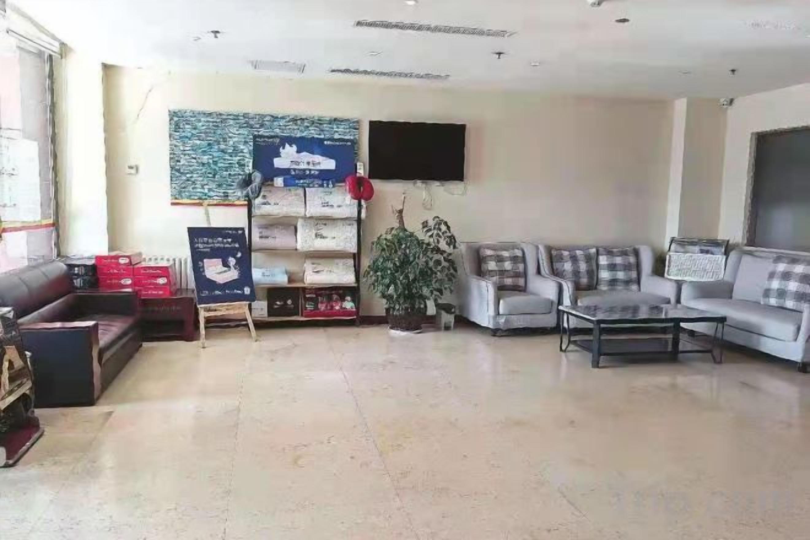 A hotel lobby with a sofa, armchairs, a coffee table, a television, and a plant.