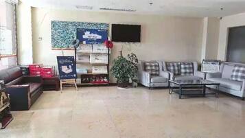 A hotel lobby with a sofa, armchairs, a coffee table, a television, and a plant.