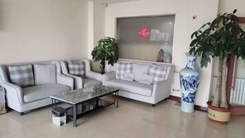 A living room with two sofas, a coffee table, and a potted plant.