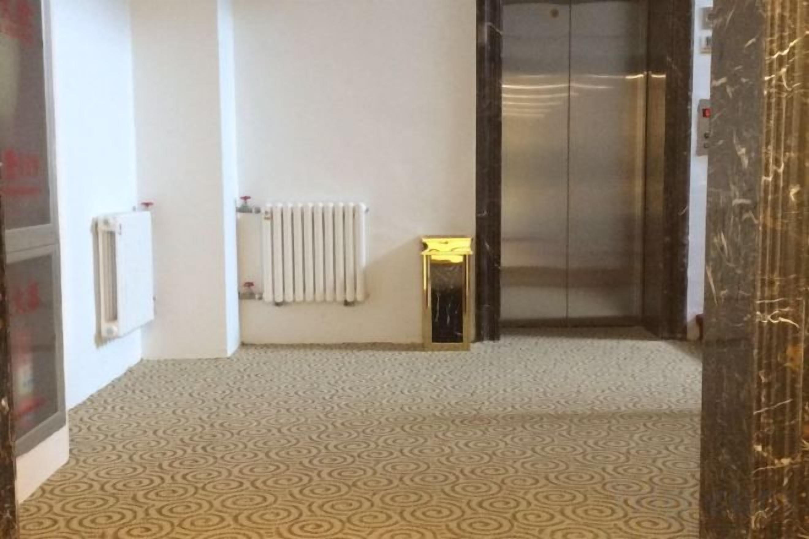 A hallway with patterned carpet, a radiator, and an elevator.