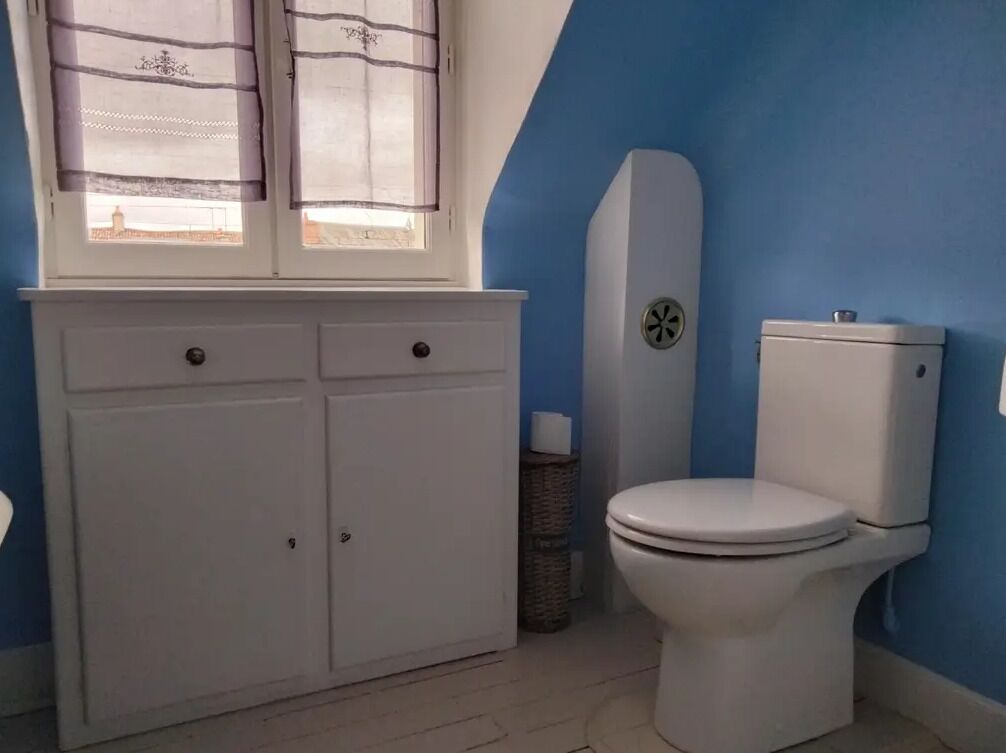 A bathroom with a white toilet, a white cabinet with two doors, a window with a striped curtain, and a blue wall.