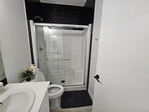 Secador de cabelo, toalhas de banho, sabonete, papel higiênico