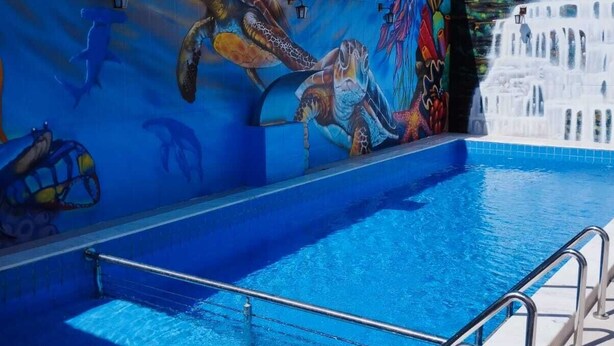 Ein Schwimmbecken mit einem Wandbild von Meereslebewesen und einem Wasserfall.