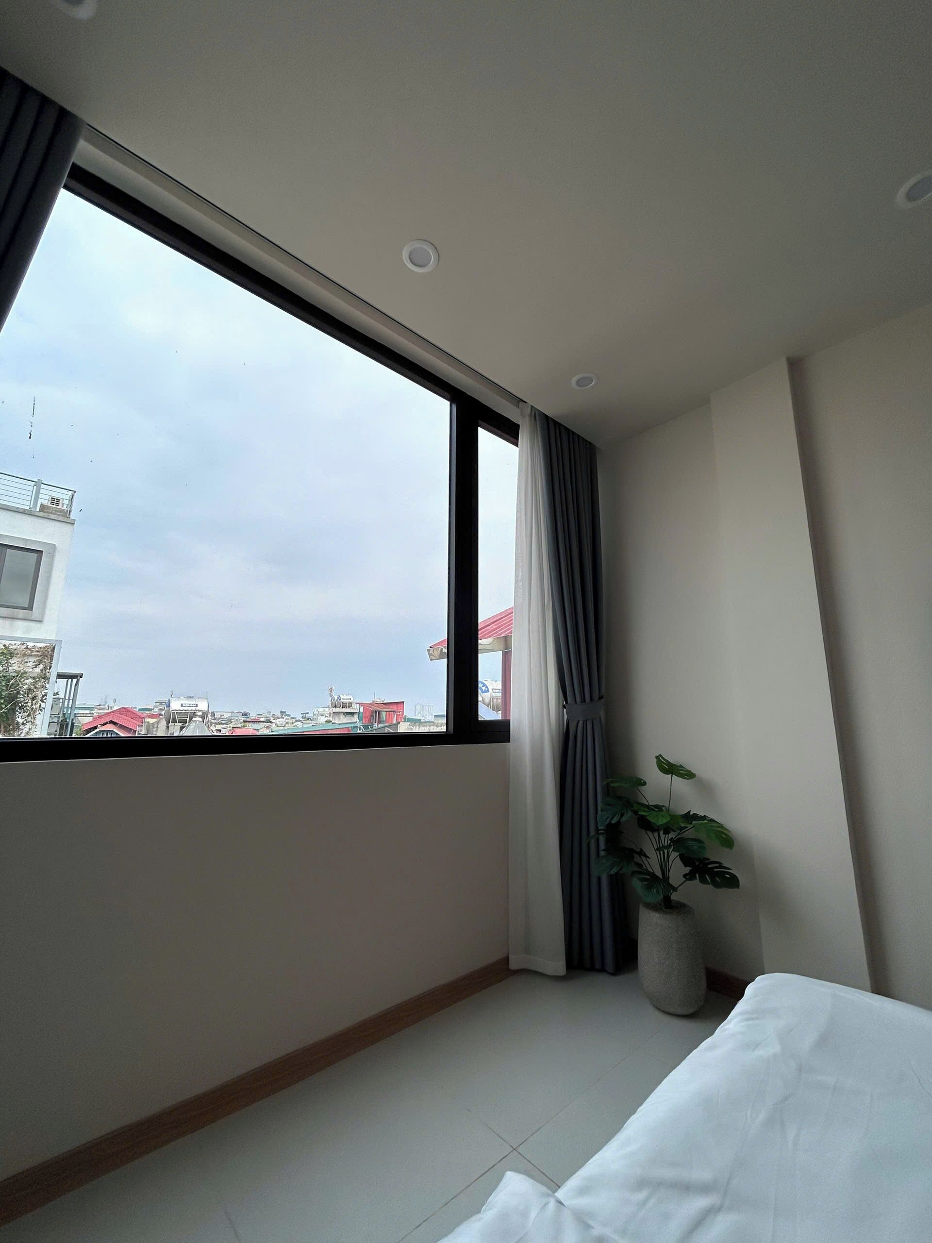 Een hotelkamer met een groot raam, een potplant en een bed.