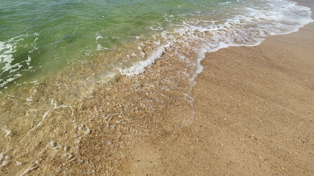 A beach with clear water, a sandy shore, and a blue sky with clouds. - Beachfront  - Fantastic Beach Vacation for Family Fun (Gulf Shores)