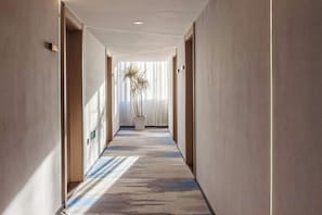 A corridor with a carpeted floor, doors on both sides, and a potted plant in the center.