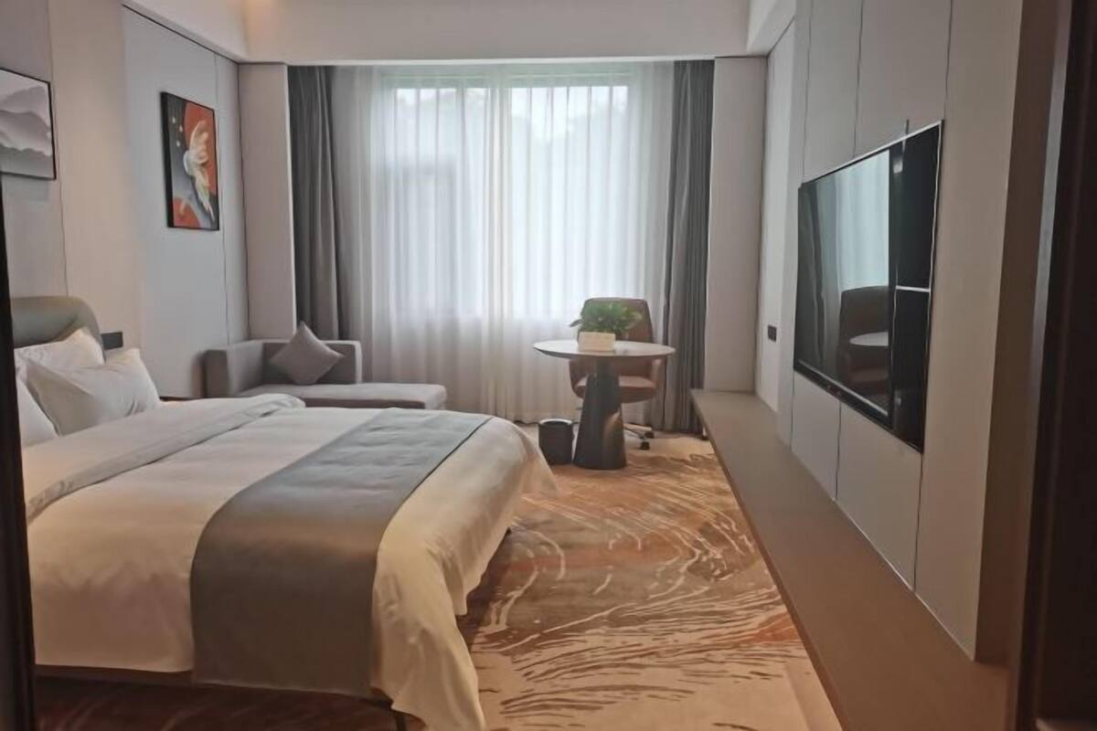Hotellihuone, jossa on sänky, työpöytä, tuoli, pieni pöytä, jossa on kasvi, ja televisio.