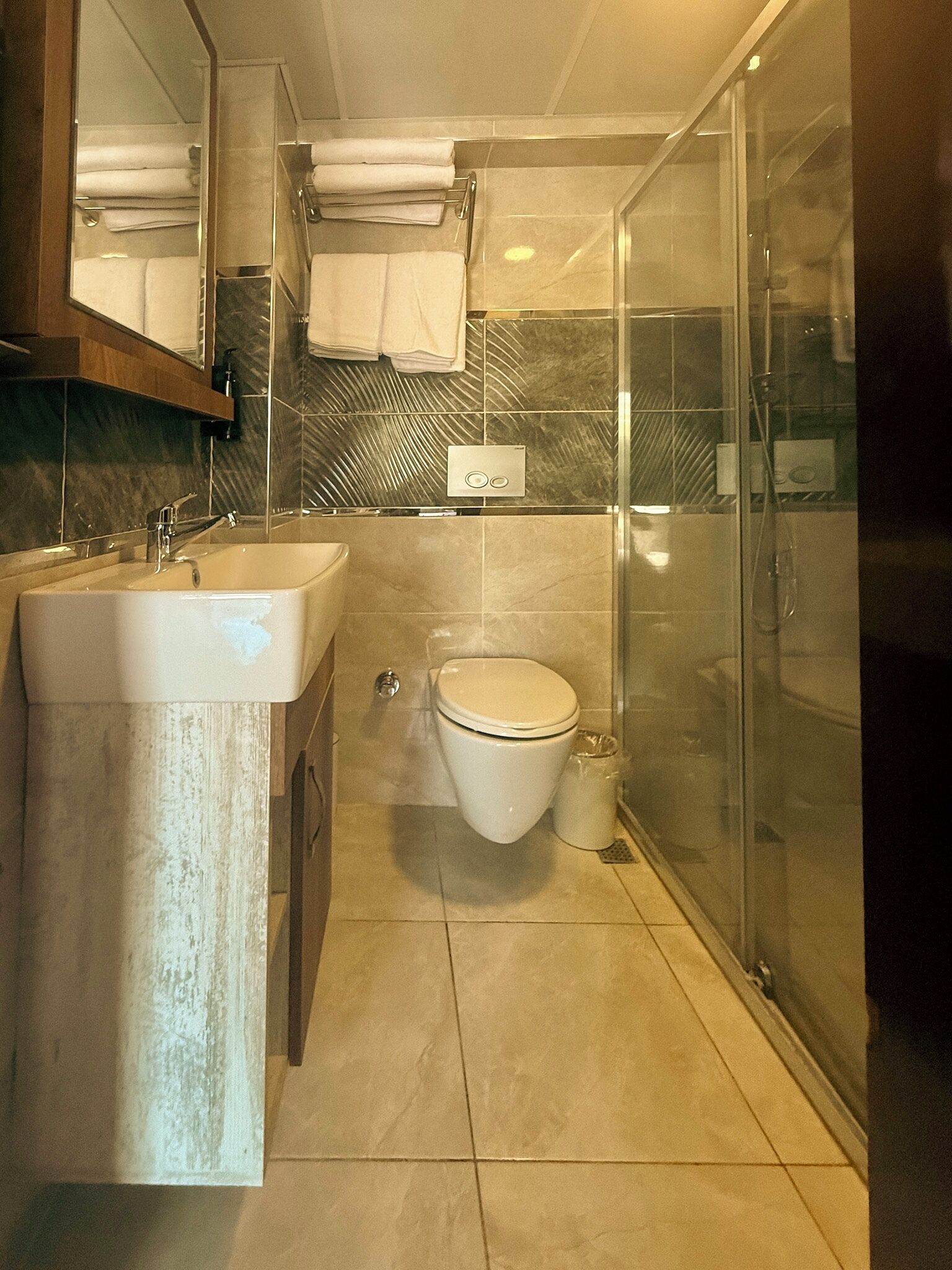 A bathroom with a sink, toilet, and glass shower enclosure.
