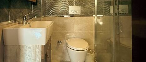 A bathroom with a sink, toilet, and glass shower enclosure.