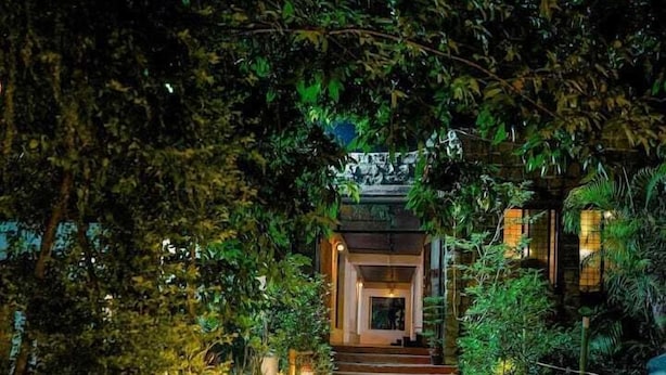 A pathway leading to a building surrounded by dense foliage.