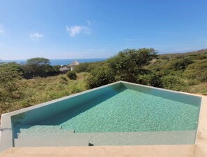 En rektangulär infinitypool med kristallklart vatten, omgiven av en naturlig landskap och med en avlägsen utsikt över havet.