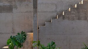 Una escalera de concreto con peldaños que suben a un nivel superior.