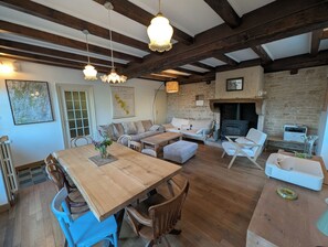 Smart TV, fireplace, foosball, table tennis