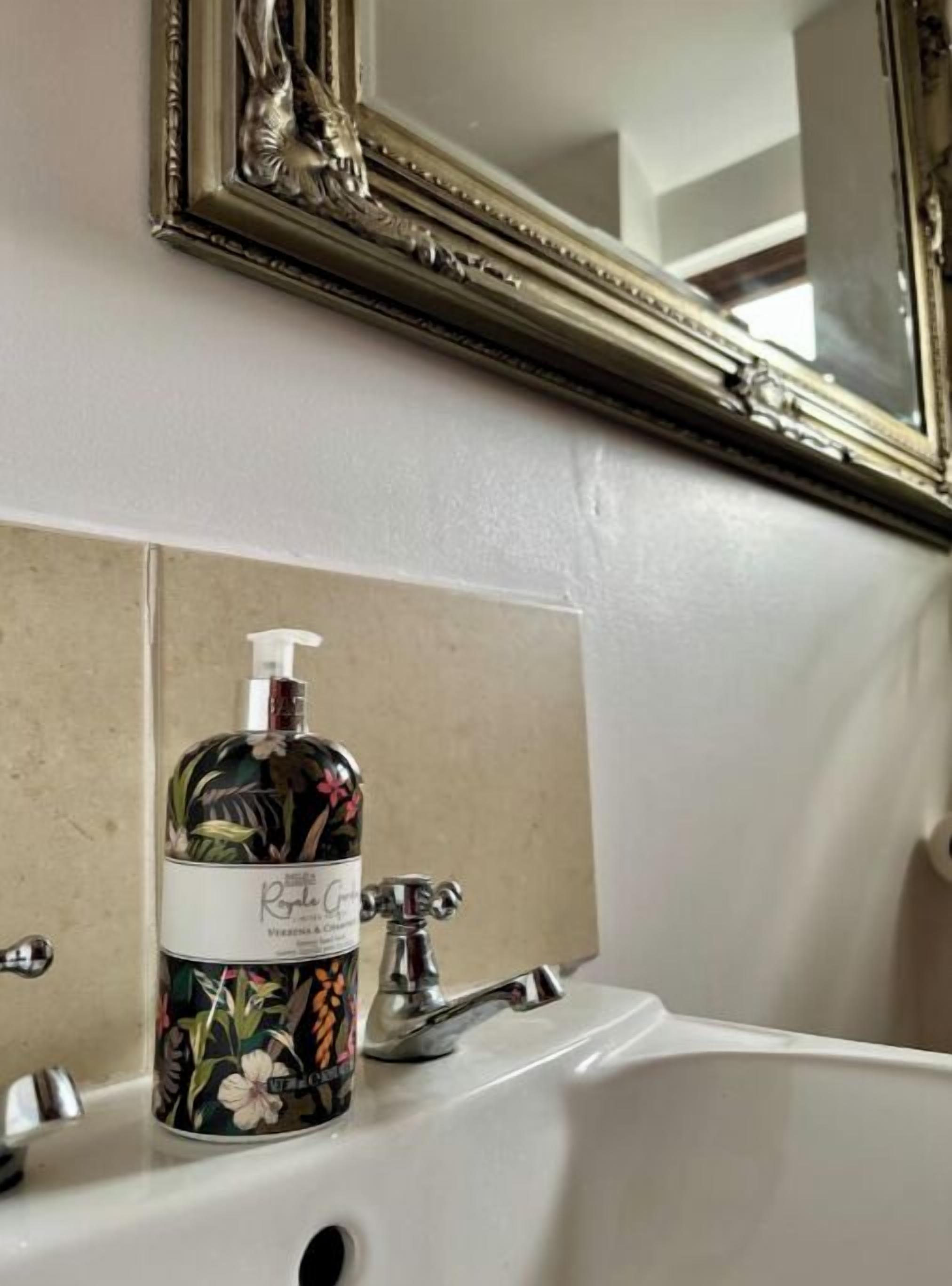 A bathroom with a sink, a floral bottle of hand soap, and a mirror with an ornate frame.