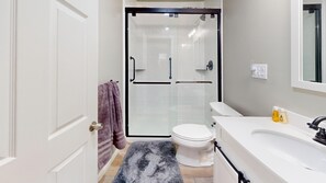 Shower, towels, soap, toilet paper