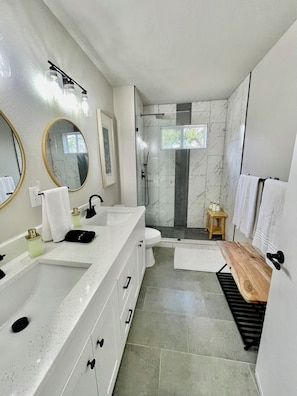 Shower, hair dryer, towels, soap