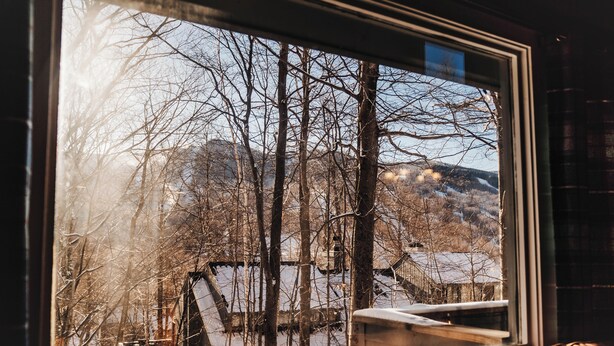 A window with a view of a snowy landscape and bare trees.