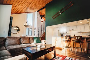 Smart-TV, Kamin, Bücher, Musikbibliothek