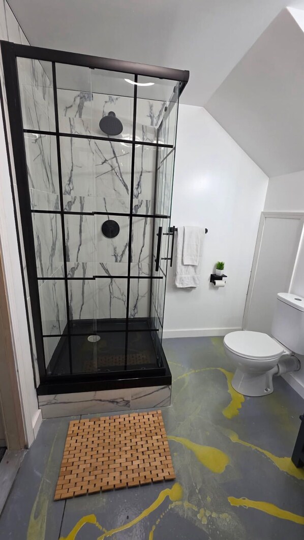 A shower enclosure with a glass door, a toilet, and a small plant on the wall. - Pleasant Valley Resort (Arcadia)