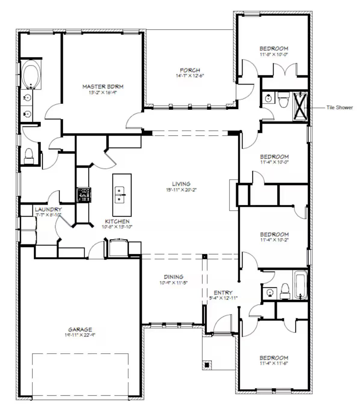 A floor plan of a house with a master bedroom, two smaller bedrooms, a living room, a kitchen, a dining area, a bathroom, a porch, and a garage.