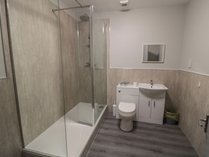 A modern bathroom with a glass shower enclosure, a white toilet, and a sink with cabinets.