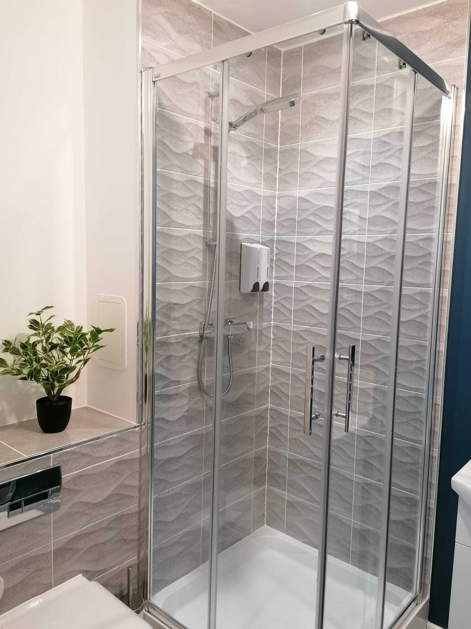 Shower, hair dryer, towels, soap