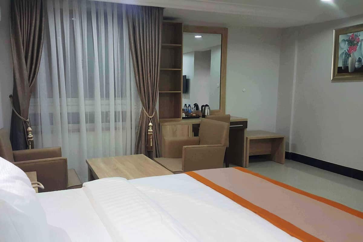 A hotel room with a bed, a desk, a chair, a mirror, and a wardrobe.