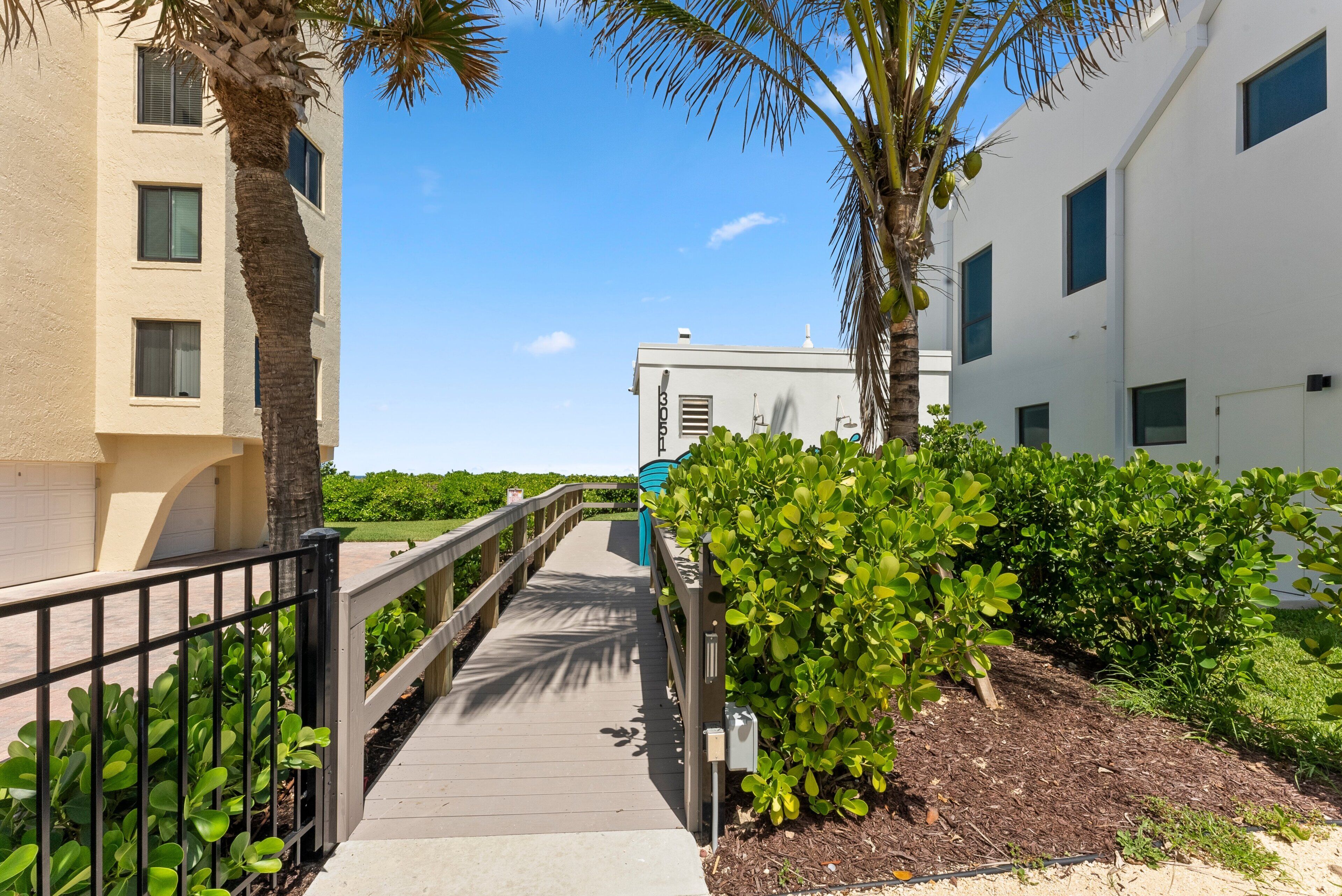 A pathway leading to a building with a number '3051' on the side, surrounded by greenery and palm trees.