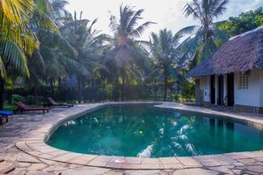 Ein Swimmingpool, umgeben von Palmen und einem Gebäude mit einem Reetdach.