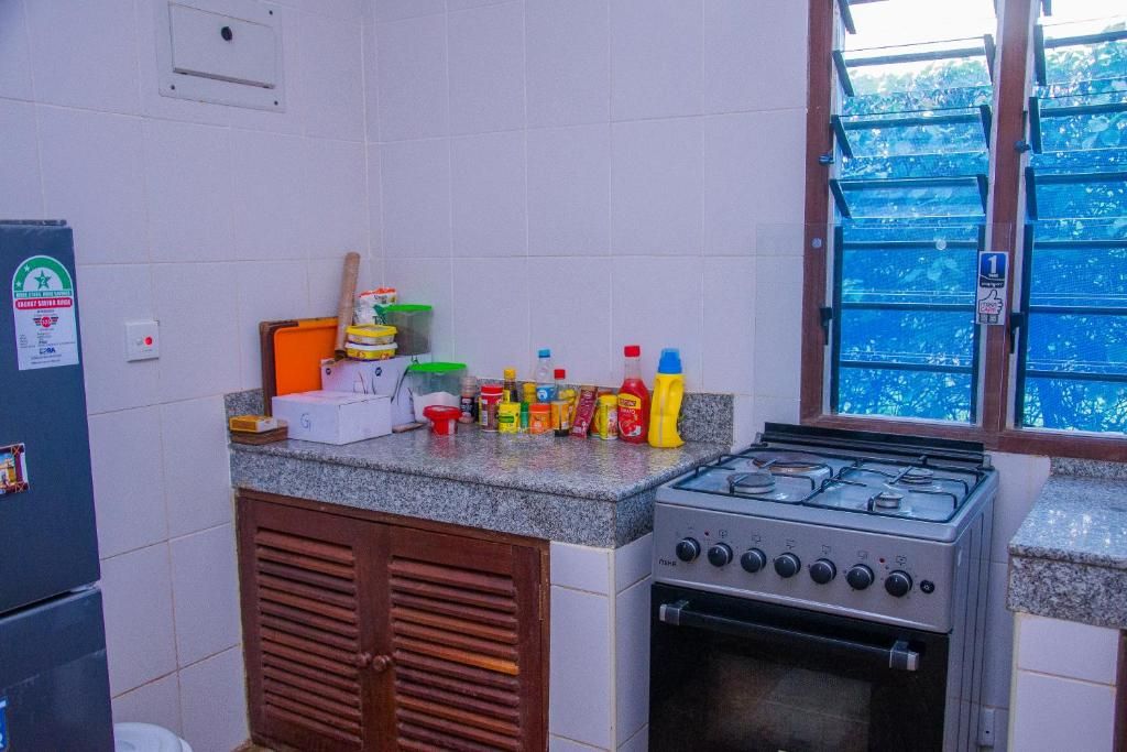 Una cocina con estufa a gas, armarios y diferentes condimentos sobre la encimera.