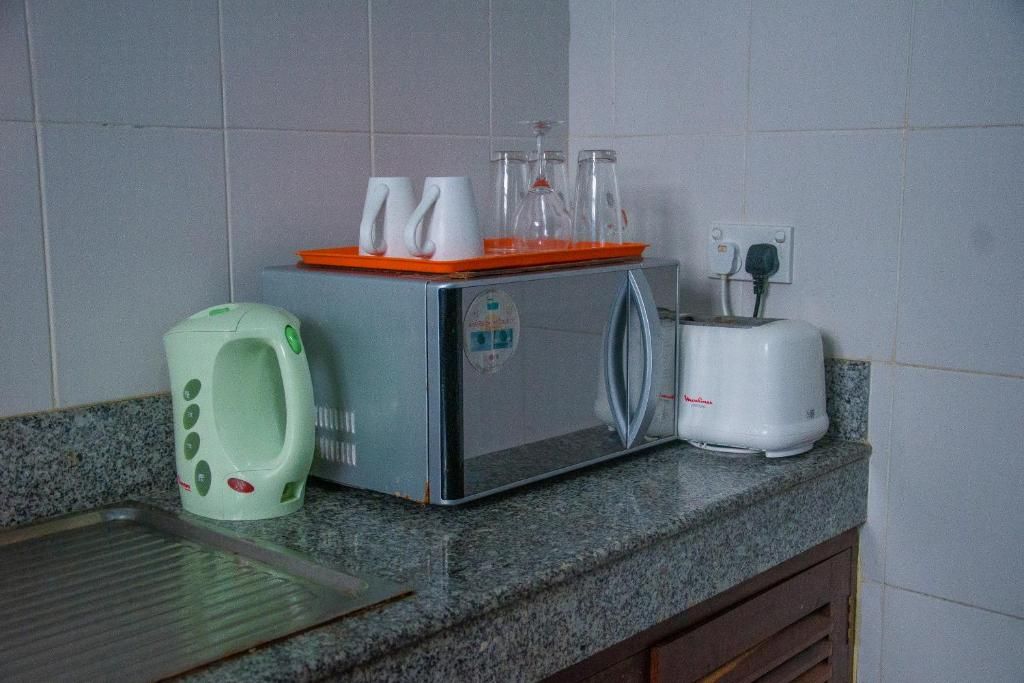 Une cuisine équipée d’un four à micro-ondes, d’un grille-pain et d’un urinoir vert.