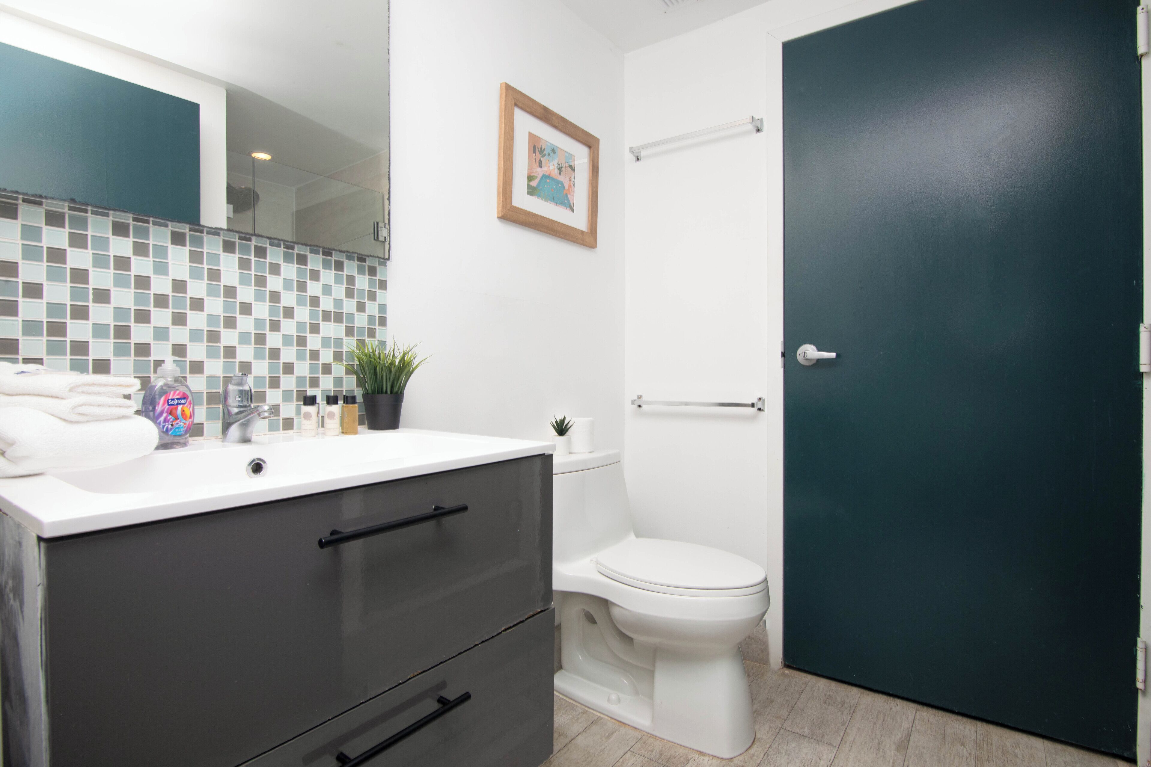 A bathroom with a white sink, dark grey cabinet, white toilet, and a green door.