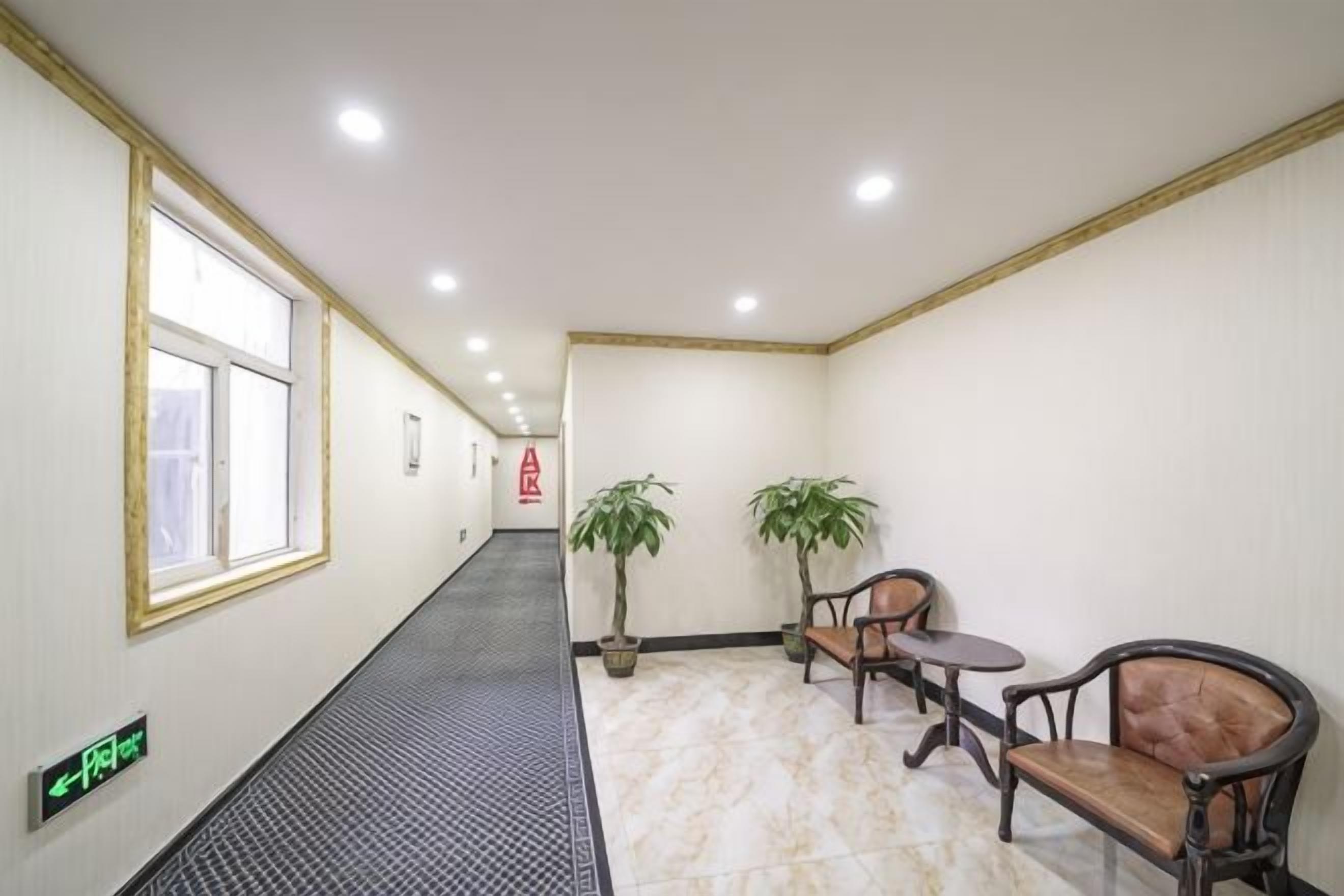 Un pasillo con una ventana, una planta y una mesa con sillas.